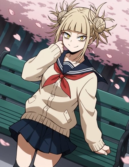 score_9, score_8_up, score_7_up, source_anime, <lora:himiko-toga-s5-ponyxl-lora-nochekaiser:1>, himiko toga, bangs, blonde hair, yellow eyes, blunt bangs, hair bun, double bun, messy hair,, skirt, long sleeves, school uniform, pleated skirt, shoes, serafuku, socks, sailor collar, blue skirt, neckerchief, kneehighs, brown footwear, cardigan, black socks, loafers, red neckerchief, yellow cardigan,, park, cherry blossoms, bench, gentle breeze, peaceful, smile, looking at viewer, solo,, cowboy shot, dutch angle