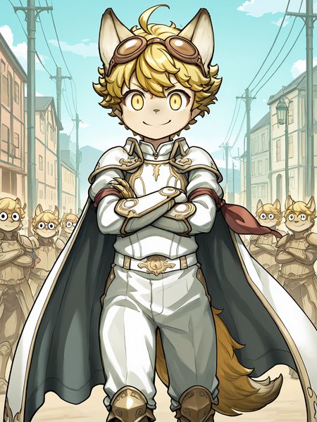 masterpiece, best quality, (absurdres), (highest quality), amazing quality, very aesthetic, no humans,
BREAK, <lora:Malt_Marzipan:1>, malt marzipan, fuga: melodies of steel, young male, 1boy, animal ears, yellow eyes, blonde hair,
BREAK, armored boots, armor, cape, googles, googles on head, claws,
BREAK, outside, sunny, looking at viewer, arms crossed, smile