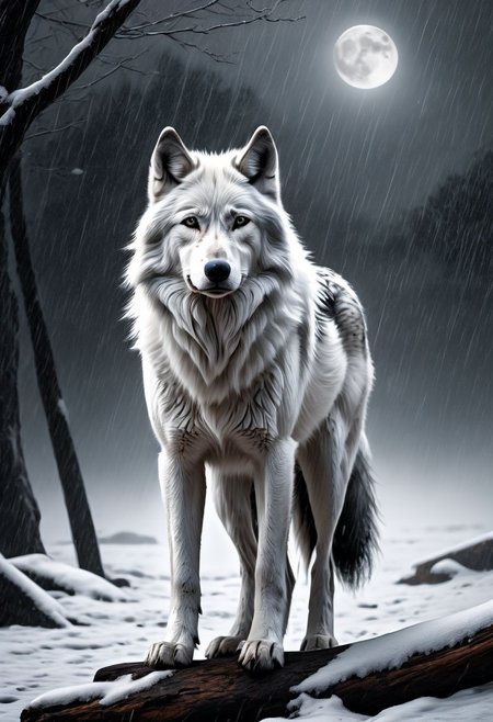 white and black wolf, sad, determined. lonely wolf, abandoned by his friends, crying or help, ((((tears in his eyes)))), looking at his friends from far away, (((howling))), extremely sad composition, masterpiece,  white fur, Royal, in a heavy rain, full moon, it's head is down, Photorealistic, volumetric shading, Hyperdetailed, perfect composition, beautiful detailed, 8k artistic photography, volumetric cinematic perfect light, award - winning photograph,