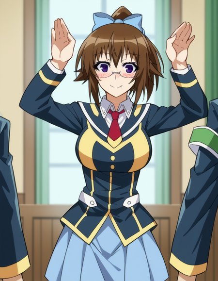 score_9, score_8_up, score_7_up, source_anime, <lora:mogana-kikaijima-s2-ponyxl-lora-nochekaiser:1>, mogana kikaijima, brown hair, purple eyes, ponytail, glasses, hair bow, blue hair bow, large breasts,, skirt, school uniform, necktie,, house, home, family, rooms, yard, , <lora:rabbit-pose-ponyxl-lora-nochekaiser:1>, rabbit pose, smile, blush,, looking at viewer, solo,, dutch angle, cowboy shot