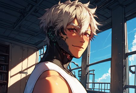 score_9, score_8_up, score_7_up, best quality, 1male, white blond eyebrows, bonde hair, styled hair, short hair, white blonde hair, hair between eyes, red eyes, android, robotic body parts, masuline, robotic neck, robotic arms, tan skin, black robotic parts, toned body,
,
,
dynamic pose, character design, looking at the viewer, close up, dramatic angle, dutch angle, close up, from side,
,
,
cowboy shot, standing, workshop, summer, daytime, mischievous smile, slightly blushing, pov, large window, white tank top, day, sky clouds, standing in the door frame,