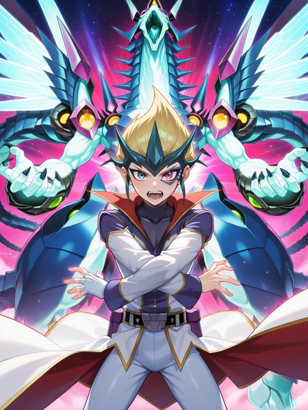 kite tenjo, galaxy-eyes prime photon dragon, 1boy, open mouth, male focus, heterochromia, facial mark, teeth, looking at viewer, 1other, sharp teeth, single white fingerless glove, white coat, white pants, belt pouch, blue mecha dragon
masterpiece,best quality,amazing quality,very aesthetic,absurdres,newest,<lora:Galaxy-Eyes Prime Photon Dragon illuXL v2.3:0.75>,