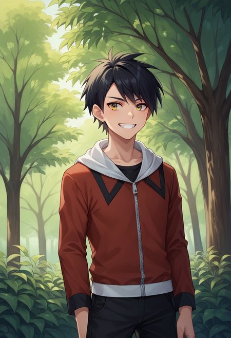 score_9, score_8_up, score_7_up, source_anime, highly detailed, 
pokegold, 1boy, male focus, solo, jacket, pants, black hair, closed mouth, long sleeves, red jacket, hood, white hood, short hair,  zipper pull tab, bangs, standing, yellow eyes, t-shirt, black pants, black t-shirt, smile, grin,
outdoor, tree, sky,