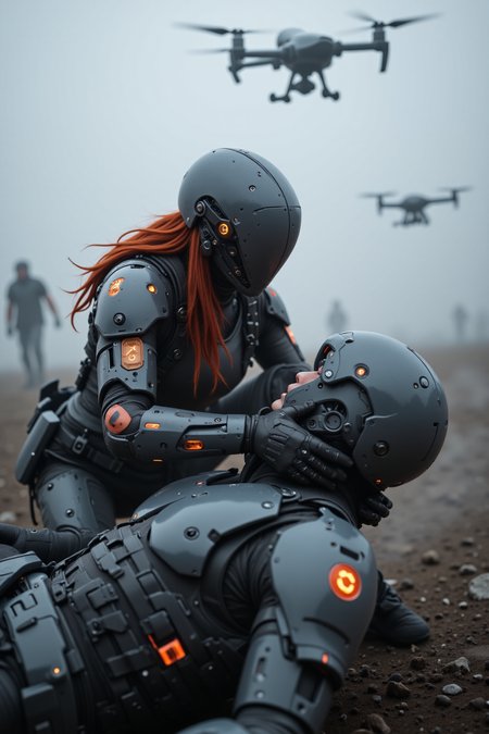 Cyber-medic kneeling in smoke, stabilizing a soldier with nanotech injections, armor in matte glacier gray and burnt orange, medical glyphs faintly glowing on shoulder pads, faceless helmet with curved silhouette and glowing diagnostic grid, long red hair flowing downward as she works, background foggy with med-drone silhouettes — photoreal, heavy emotion, battlefield realism




ftlas-mk.1