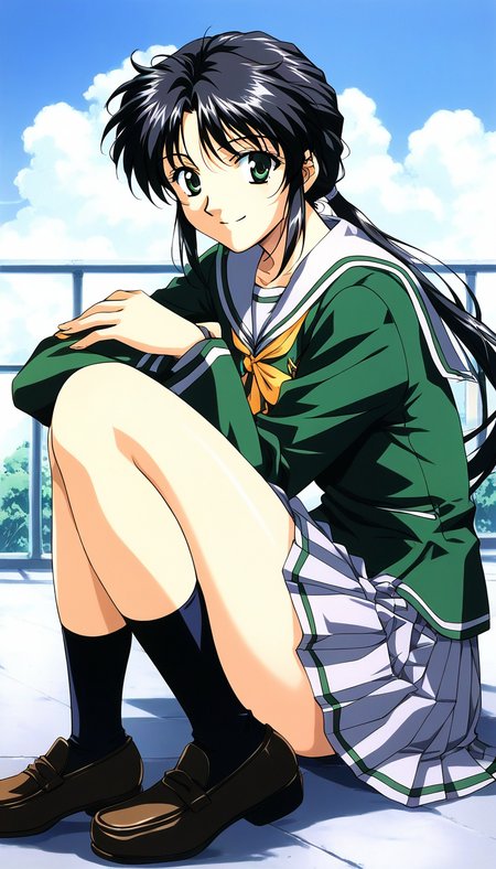 score_9, score_8_up, score_7_up, source_anime, rating_explicit, BREAK <lora:Tachibana_Yumi_XL:1> Tachibana_Yumi, black hair, long hair, green eyes, low ponytail, bangs, sidelocks, 1990s (style), 
1girl, school uniform, solo, skirt, shoes, green shirt, socks, pleated skirt, 
loafers,  long sleeves, sitting, smile, serafuku,  full body, legs
day, sky, outdoor,