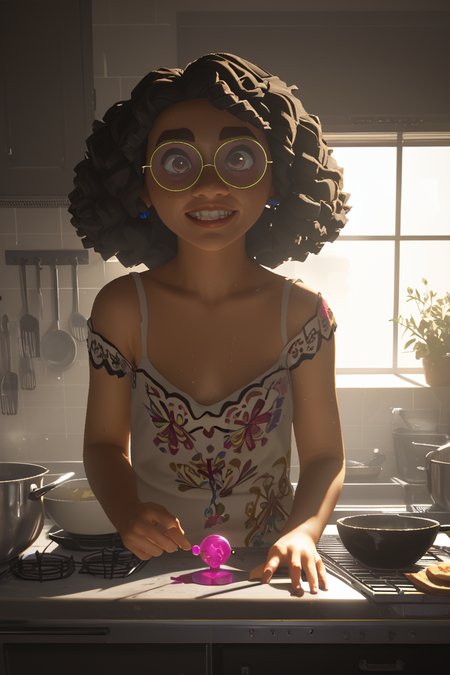 score_9, score_8_up, score_7_up, score_6_up <lora:Dramatic Lighting Slider:2>  <lora:Mirabel_Madrigal-_pony_101:0.8> m1rabel101 : -freckles , her expression wild and unhinged, in the kitchen nipple slip , cinematic lighting: a sharp beam of golden-white light cuts across her face from one side, casting deep, velvety shadows in shades of indigo and crimson that sculpt her features with haunting intensity. Her curly hair frames her face in a radiant, faintly luminescent cascade, each strand hyper-detailed and glowing with a subtle, otherworldly energy. Tiny beads of sweat glint like diamonds, and faint,  pulse softly across her cheeks. Her lips are parted in a manic, defiant grin, teetering on the edge of madness. The background is a soft, dark void with subtle, misty wisps of light, ensuring her face is the sole focus. Photorealistic, 8k resolution, extreme chiaroscuro, vibrant yet eerie color palette, every texture hyper-detailed and dripping with surreal intensit