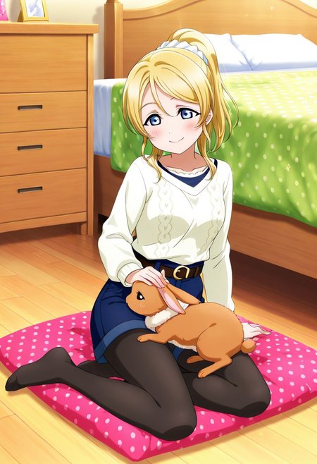 1girl, absurdres, animal, ayase_eli, bed, bedroom, belt, blanket, blonde_hair, blue_eyes, blush, chest_of_drawers, cushion, highres, indoors, long_hair, long_sleeves, looking_down, love_live!, love_live!_school_idol_festival_all_stars, love_live!_school_idol_project, no_shoes, official_art, on_floor, pantyhose, petting, pillow, polka_dot_blanket, ponytail, rabbit, scrunchie, shorts, sitting, smile, solo, sweater, wooden_floor, yokozuwari
