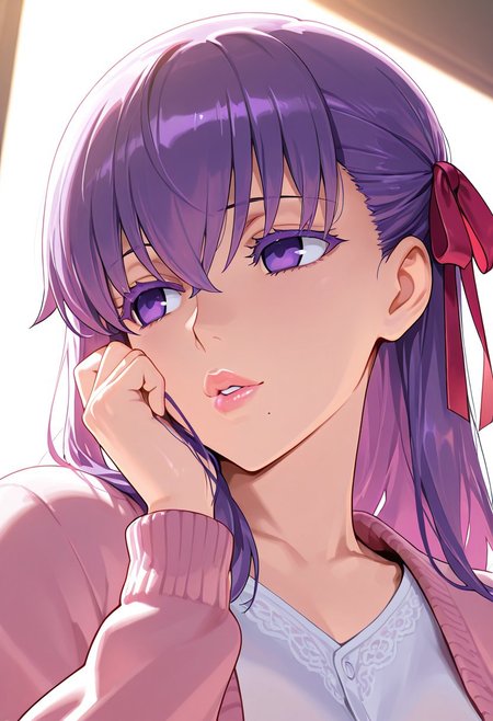 1girl, Matou Sakura \(fate\),, adult woman, masterpiece, pink cardigan, a white shirt, hand up, violet hair, long hair, red-pink ribbon on the left side of hair, luscious lips, lip gloss, portrait, colored eyelashes, backlighting, violet eyes, goddess, glossy skin, ,hires,best quality, very aesthetic,absurdres,score_9, score_8_up, score_7_up, score_6_up, score_5_up, score_4_up, (hyper extreme detailed), (hyper quality), game CG, (colour:1.2),(from side:0.7)