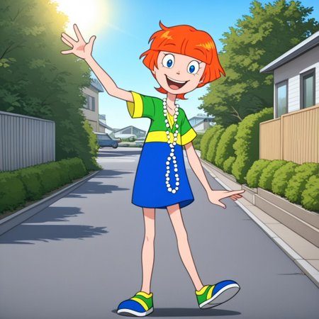 1 girl, solo, orange hair, short hair, blue eyes, large shirt, multicolored shirt, v-neck shirt, long pearl necklace, multicolored shoes, smiling, looking at viewer, open mouth, waving, suburban neighborhood, outdoors, bright sun, blue sky,