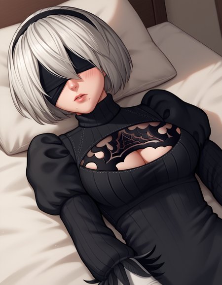 score_9, score_8_up, score_7_up, source_anime, <lora:2b-ingame-ponyxl-lora-nochekaiser:1>, 2b, yorha no. 2 type b, short hair, white hair, hairband, mole, black hairband, mole under mouth, blindfold, covered eyes, black blindfold,, <lora:open-chest-sweater-ponyxl-lora-nochekaiser:1>, open-chest sweater, ribbed sweater, cleavage cutout, meme attire, clothing cutout, turtleneck, sweater dress, cleavage, clothes tug, sweater pull, cleavage reach,, indoors, bed, bed room, blush, on bed, on back, , cowboy shot, dutch angle
