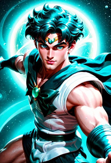 League of Legends, 1male, male focus, riot style, digital art, concept art, realistic, fantasy, 4k, best quality, masterpiece, extremely detailed, very detailed face, very detailed eyes, dynamic angle, seen from above, perspective shot, dynamic pose, fighting pose, 3D, vintage sci fi poster of a thin male, MAN, MALE, tall, gorgeous, male model, stunning, teal hair, wavy hair, long hair, hair to the shoulders, round face, huge plumped lips, big lips, blushed, videogame eyes, man only, seductive, beautiful smirking, wearing a sailor neptune dress, sailor senshi uniform, holding a hand mirror, flying in space, surrounded by water, (cinematic light, volumetric), Cinematic Shot, splash art, Style-GravityMagic