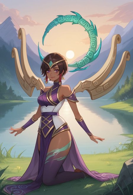 score_9, score_8_up, score_7_up, source_anime, 1girl, karmadef, purple eyes, black hair, brown hair, short hair, dark skin, dark-skinned female, medium breasts, earrings, jewelry, hair tubes, hair ornament, tiara, bare shoulders, purple dress, pelvic curtain, purple thighhighs, single thighhigh, wings, kneeling, wariza, closed mouth, smile, blush, looking at viewer, outdoors, grass, nature, lake, mountain in the background, sun, facing viewer, upper body, <lora:Karma_v1-000010:1>