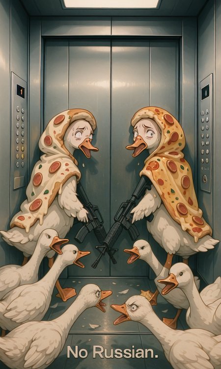 embedding:IllusP0s, (no russian), elevator, holding weapon, assault rifle, pizza costume, scared, 4girls, goose ambush, 6+ geese,<lora:no russian_illustrious.safetensors:1.0:1.0> <lora:goose ambush_illustrious.safetensors:1:1>