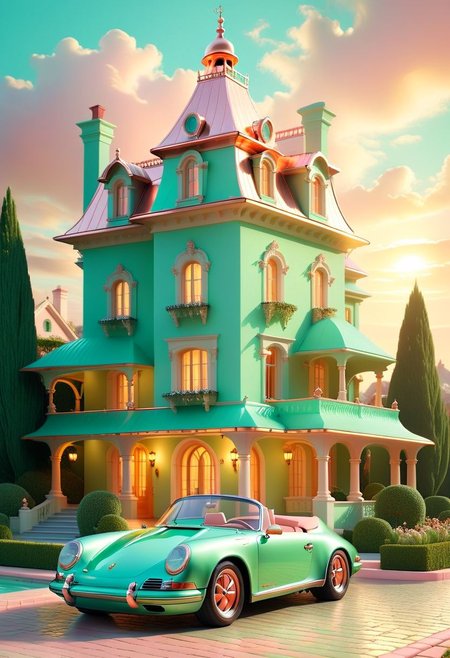 ispzxll, diorama, isometric, miniature, volumetric lighting style, intricate details, wide angle, ultra-detailed, seafoam-green porsche convertible sports car, light tan interior, in front of pastel-pink french style mansion, copper roof, chimney with smoke, emaculate gardens, massive fountain in front of home, wet pavement, reflective surfaces, bright headlights, glossy, golden hour, long shadows, fluffy clouds, sun rays shining through clouds, 8k