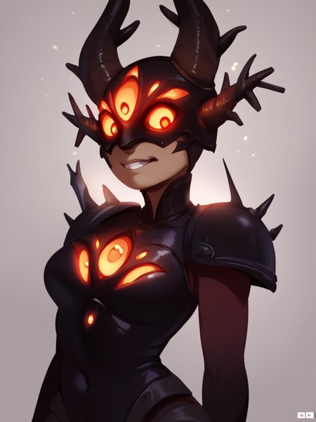 (score_9,score_8_up,score_7_up,score_6_up,),<lora:darcy(amphibia)>,darcy,horns,extra eyes,glowing eyes,orange eyes,half_mask,marcy wu,score_cartoon,<lora:Lunas-JLullaby-SDXL-A3:1>,jlullaby,