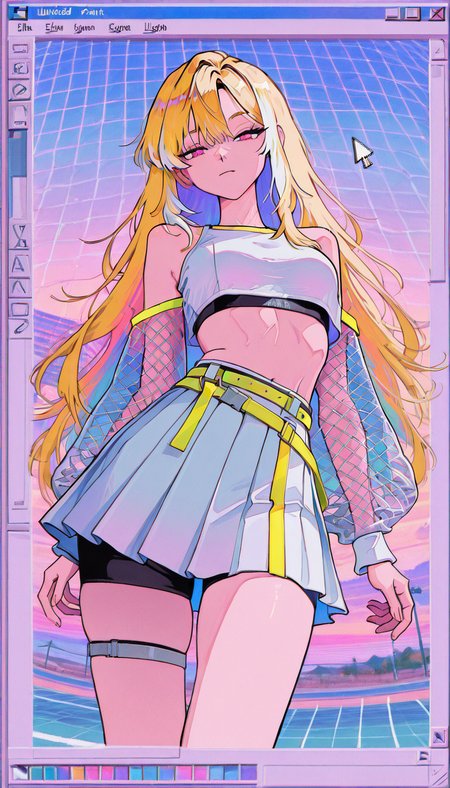 masterpiece, best quality, amazing quality, very aesthetic, absurdres,  newest, scenery,
, half-closed eyes, Leaning against an invisible car, windows_98, microsoft_windows, microsoft_paint_(software), windows_95, windows_classic, window_(computing), desktop_(computing), cursor, taskbar, error_message, vaporwave,
AeroStriker, 1girl,
blonde hair, very long hair,multicolored hair,  white highlighted hair, pink eyes
white crop top, sleeveless, mesh sleeves,
tennis skirt, very short skirt, pleated mini skirt, white skirt, yellow accent, belt, sporty fashion
tight black shorts under skirt,
white  high-top sneakers, 
white sneakers, yellow trim shoes, thigh straps, mesh clothing, midriff, exposed navel
, animated, dynamic angle, upper body, close-up,portrait, from below, fisheye lens, detailed face,colorful, close-up, masterpiece, best quality, amazing quality, very aesthetic, absurdres, newest, scenery, volumetric lighting
