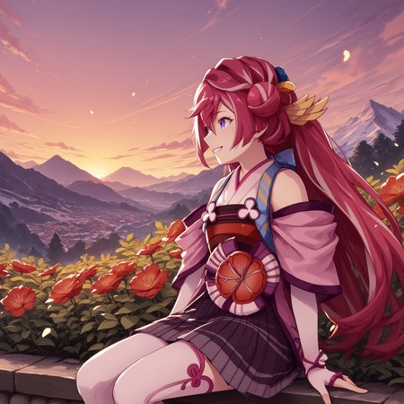 safe_pos, safe_pos, safe_pos, safe_pos, safe_pos, safe_pos, score_9, score_8_up, score_8, score_7_up, score_7, ExpressiveH, full body,
BREAK
1girl, solo, Botan, blue eyes, pink hair, red hair, bangs, hair ornament, long hair, hair bun,defaultbotan, japanese clothes, flower, skirt, thighhighs, smile
BREAK
Garden, sunset, orange sky, purple sky, mountainous horizon