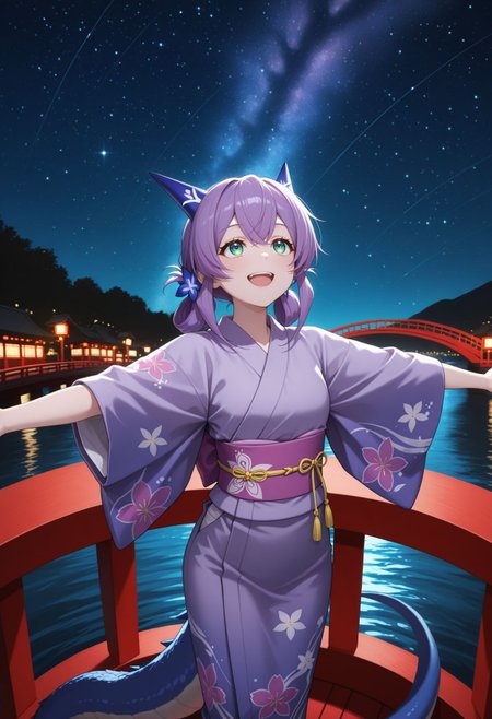 masterpiece,best quality,absurdres,highres,very aesthetic,high quality,detailed,insanely detailed,beautiful,
, <lora:Flatorte illu:0.9> 1girl, purple hair, long hair, green eyes, hair ornament, dragon girl, dragon tail,
japanese clothes, kimono, hair bun, night sky, open mouth, blue eyes, star (sky), smile, floral print, outstretched arms, sash,  outdoors, obi, yukata, bridge, looking up, starry sky, water, spread arms, hair ornament