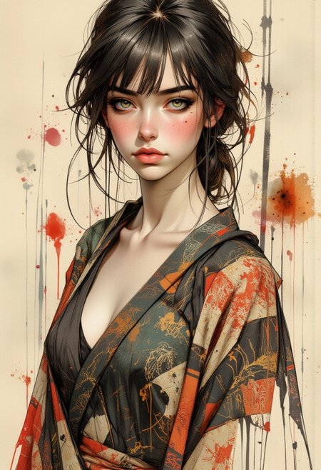 OBxiaoxiang, mythp0rt, inksketch, A traditional Japanese ink-on-paper masterpiece blending wabi-sabi aesthetics with a sensual, surreal edge. The artwork features an erotic yet stunning oriental priestess, her delicate face framed by flowing dark hair, bangs, sidelocks. Her captivating green irises glow softly, contrasting against her pale skin, as she gazes seductively at the viewer. Sepia and carmine ink flow harmoniously, She is wearing traditional kimono that slips from her shoulders, revealing deep cleavage. Abstract swirls of henna-hued patterns flow around her form, creating a sense of ethereal movement. Vibrant splashes of surreal colors—a muted crimson, soft gold, and smoky charcoal—enhance the ink composition, giving it life while embracing the imperfections and fluidity of wabi-sabi. The priestess embodies a mystical yet erotic presence, seamlessly merging traditional Japanese beauty with surreal allure