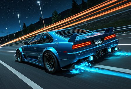 (studio ghibli digital drawing), best quality, masterpiece, extremely detailed, professional art, professional painting, an extremely delicate and beautiful, dynamic, depth of field, elegant, gorgeous, highly detailed, full shot, uncropped, absolutely perfect, highly detailed, breathtaking, sci-fi drift car, powerful performance car, hover wheels, blue glowing hover wheels, drifting around corner, light streaks, beautiful mountain road,
At night, night, night sky, dark sky, 
Motion blur, action shot, dutch angle,