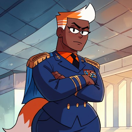 score_9, score_8_up, score_7_up, 1girl, Foxtail, orange hair, white hair, short hair, multicolored hair, black eyes, dark skin, earrings, fox tail, large breasts, narrow waist, wide hips, looking at viewer, military uniform, crossed arms, highres, high quality, masterpiece, <lora:Foxtail:1>