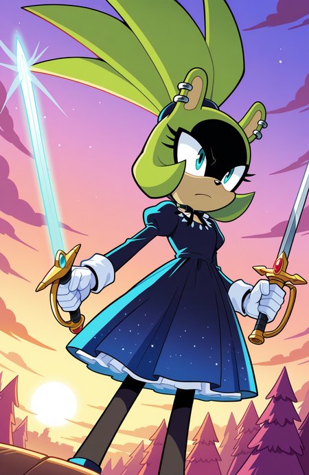 1girl, solo, no humans,  <lora:Surge-the-Tenrec_v41:1> surge the tenrec, black face, aqua eyes, piercing, earrings, topknot,
royal court dress, juliet sleeves, flared skirt, pantyhose, gloves, ribbon choker,
(long shot), wielding a sword, detailed face, located in a magical scene at a enchanted river during sunset with magical aurora weather, illuminated by enchanted glow, creating a magical,adventurous atmosphere, extremely detailed, highres, masterpiece, best quality