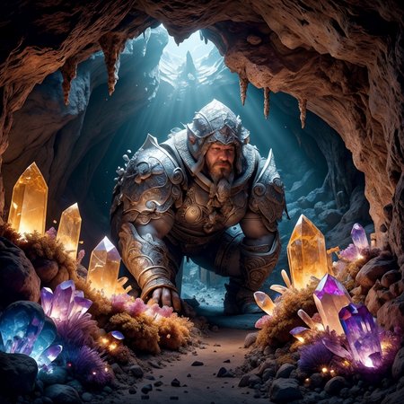 RAW photo, (masterpiece:1.3), subsurface scattering, heavy shadow, (high quality:1.4), (intricate, high detail:1.2), professional photography, HDR, High Dynamic Range, realistic, ultra realistic, photorealistic, high resolution, film photography, ambient lighting, atmospheric effects, <lora:detail_slider_v4:2>, OverallDetail, <lora:CrystalCaves:0.7>, cave, cryca, crystal, gem, mushrooms, nature, rock, scenery, a dwarven miner, <lora:DwarvenArmor:0.83>, DwarAr