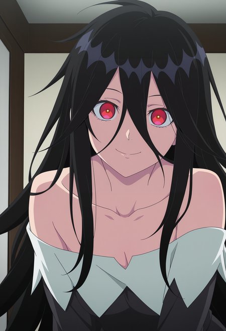 1girl,solo,mm,mature female,long hair,black hair,red eyes,hair between eyes,bangs,anime coloring,
collarbone,off shoulder,bare shoulders,dress,upper body, looking at viewer, smile,indoors
,masterpiece,best quality,amazing quality,<lora:Sentouin_XX-Sentai_Daishikkaku:0.8>