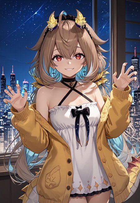 1girl, solo, solo focus, highres, absurdres, Nasa2nd, bangs, very long hair, red eyes, white dress, twintails, multicolored hair, bare shoulders, low twintails, collarbone, brown hair, black choker, halterneck, horns, tail, short dress, hair ornament, earrings, hair between eyes, leg ribbon, criss-cross halter, ahoge, black bow, claws, yellow jacket, long sleeves, hairband, blue hair, off shoulder, sleeveless dress, cardigan, colored inner hair,

looking at viewer, smile, hands up, 

window, cityscape, neon lights, shade, night, night sky, dark, backlighting,