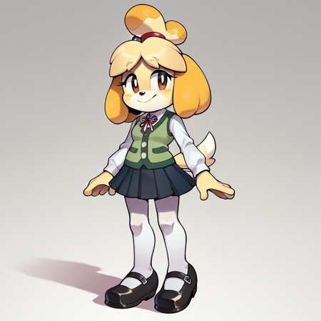 score_9, score_8_up, score_7_up, 1girl,  <lora:Perfect Hands:1> Perfect Hands, evnstnly, solo, petite, isabelle \(animal crossing\), Furry female, school uniform, vest, white shirt, tucked in shirt, skirt, pleated skirt, long sleeves, white tights, ribbed tights, black shoes, mary janes, smiling, standing, arms at sides,