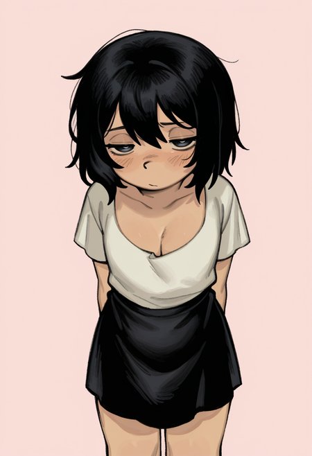masterpiece, best quality,
 <lora:Snugglepuff28:1> Sn0ggl3p0ff28,
 1girl, solo,standing,looking at viewer, half-closed eyes, blush,black hair, short hair,white shirt, short sleeves, cleavage,black skirt,pink background, simple background,