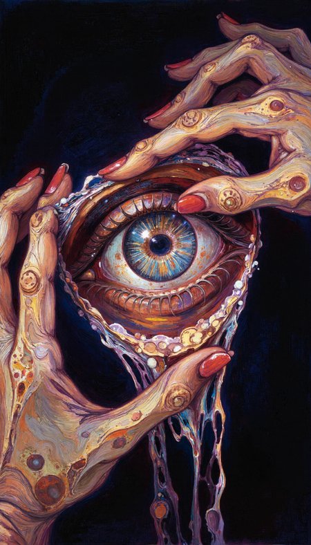 open_Impressionism,DIGITAL PAINTING,FLUORESCENT, GLOW,pointillist tetradic color dot technique,D4rch,fluidart style, scattered white dots,  A hyperrealistic close-up shot of an eye being unveiled by pale, manicured hands with blood-red nail polish. The eye is large and staring, with a bloodshot sclera and an intensely dilated pupil.  The hands, reminiscent of an anatomical study, delicately pull down a translucent, viscous material, like stretched skin, revealing the eye beneath. Focus on the interplay of textures: the smooth, almost porcelain-like skin, the wetness of the eye, and the unsettling texture of the material being pulled. Utilize chiaroscuro lighting, with a single, harsh light source creating deep shadows and emphasizing the dramatic tension. The background should be a chasm of inky black, further enhancing the image's unsettling, voyeuristic quality.