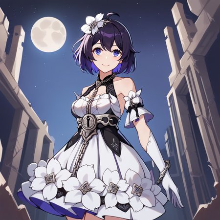 score_9, score_8_up, score_7_up,Captivating Eye Reflections,beautiful detailed eyes,lower eyelid,beautiful detailed face,BREAK ,source_anime,Seele,Stygian Nymph,1girl,medium breast,purple eyes,short hair,dark blue hair,blue inner hair,ahoge,single white flower accessory on the head,dress,white elbow_gloves,2long white ribbons,chain,a lock on the belly,thigh gap,white kneehighs,white and black footwear,smile,walking,ruins,outdoor,moon,night