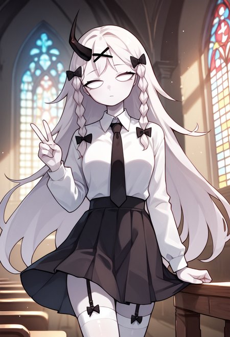 masterpiece, best quality, uncensored, source_anime BREAK score_9, score_8_up, score_7_up, score_6_up, score_5_up, score_4_up, 1girl, solo, rasazyfnf, single horn, white eyes, no pupils, long hair, white hair, white skin, twin braids, x hair ornament, hair bow, Expressiveh, collared shirt, black necktie, black skirt, white thighhighs, bow, garter straps, cowboy shot, v, indoors, church <lora:Expressive_H:0.6> <lora:add-detail-xl:0.5> <lora:Rasazy_MFM_Fnf:0.8>