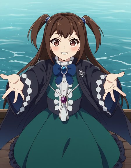 score_9, score_8_up, score_7_up, source_anime, <lora:kizuna-kazayama-s2-ponyxl-lora-nochekaiser:1>, kizuna kazayama, long hair, brown hair, brown eyes, two side up,, long sleeves, dress, bow, frills, wide sleeves, bowtie, cape, blue bow, brooch, green dress, black cape,, harbor, boats, water, dock, trade, smile, <lora:incoming-hug-ponyxl-lora-nochekaiser:1>, incoming hug, looking at viewer, reaching, reacing towards viewer, outstretched arms,, bedroom, smile, blush, parted lips, looking at viewer, solo,, dutch angle, cowboy shot