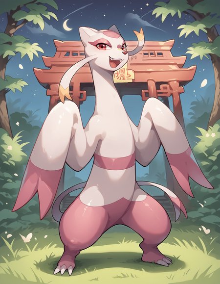 score_9, score_8_up, score_7_up, MienXL, pokemon \(creature\), (solo), full body, multicolored skin, pink skin, looking at viewer, chinese temple, nature, grass, night, smile, open mouth, standing, <lora:cefaa866-a58e-40ba-a219-79ab392f7d60:1.0>, <lora:00a14dbf-39f1-49fa-863a-53c2f420df5f:0.9>