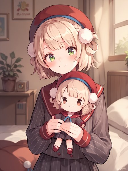 score_9, score_8_up, score_7_up, score_6_up, source_anime,
<lora:shigure-uimm.pony:1>, uimm, def,  beret, happy, light smile,
<lora:holding_fufu_doll_pony_d16:1>, holding character doll, hugging doll, bedroom, (computer:0.5),
