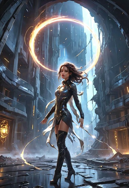 score_9, score_8_up, score_8_up, beautiful girl, futuristic model, wild playful hair, in an action spell-casting pose, summoning her magics, glowing light swirl in orbit around her, sly smile. Beautiful and dangerous atmosphere. Standing in the shadow of a wrecked building, water gushing like waterfalls from high up the building. A large partially shattered moon in the sky. From below. Resplendent spotlight highlighting, cinematic composition and lighting. Masterpiece. 8k. Very detailed.
