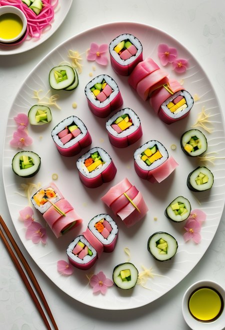 Playful Assortment of Futomaki Sushi Rolls, Layers of Vibrant Pink Tuna, Yellow Tamago, and Green Cucumber, Neatly Arranged in a Symmetrical Pattern, Set on a Bright White Plate with Scattered Pickled Ginger Petals and Soy Sauce Brush Strokes, Creating a Festive and Colorful Display