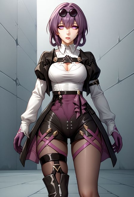 no2 type b dress, kafka, no pupils, eyewear on head, collared shirt, chest harness, jacket on shoulders, purple gloves, pantyhose under shorts, thigh straps, long sleeves, asymmetrical footwear, single thigh boot, leg belt, black boots, 2b, nier automata, honkai star rail, juliet sleeves, clothing cutout, gloves, cleavage cutout, long sleeves, feather-trimmed sleeves, puffy sleeves, purple dress, belt, BREAK PonyXLV6_Scores