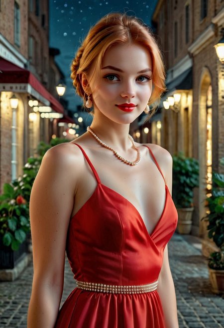 19 year old woman with strawberry blond hair in a low bun wearing a long sleek elegant red dress pearl earrings and a pearl necklace, hyper realistic, 4k, masterpiece, beautiful, facing the viewer, pale skin, fair skin, smile, standing outside at night
<lora:sc4rl3tgr3y-h-sdxl:1.0>, shot from a distance, full body shot
detailed eyes, perfect eyes, photorealistic eyes,