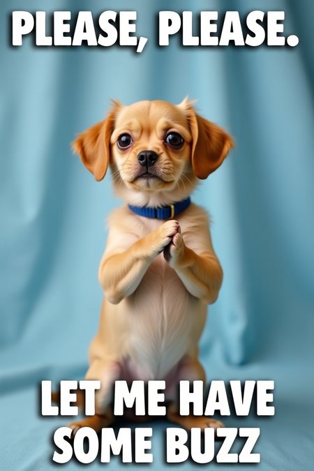 The image is a photograph featuring a small, brown dog, with short, smooth fur standing on its hind legs and holding its front paws together as if in prayer. The dog has a light brown coat with a slightly darker shade on its back and ears. It wears a blue collar around its neck. The background is a plain, washed blue fabric that appears to be a draped cloth or a backdrop, providing a simple and uncluttered setting for the dog. The dog's eyes are wide and exaggerated, and its mouth is slightly open, giving it a somewhat comical expression. Above the dog, in bold, white, capital letters with black outline, the text reads, "PLEASE., PLEASE." Below the dog, the text continues with, "LET ME HAVE SOME BUZZ." The overall mood of the image is humorous and endearing, emphasizing the cuteness of the dog and the humorous plea in the text. The photograph is well-lit, highlighting the dog's fur and the texture of the fabric in the background.