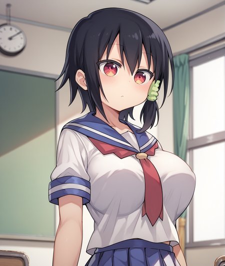 score_9, score_8_up, score_7_up, score_6_up, score_5_up, score_4_up, BREAK source_anime,
<lora:Komori Shuri_PONY:1>,komori shuri, 1girl, solo, black hair, red eyes, short hair, hair ornament, school uniform, serafuku,large breasts,