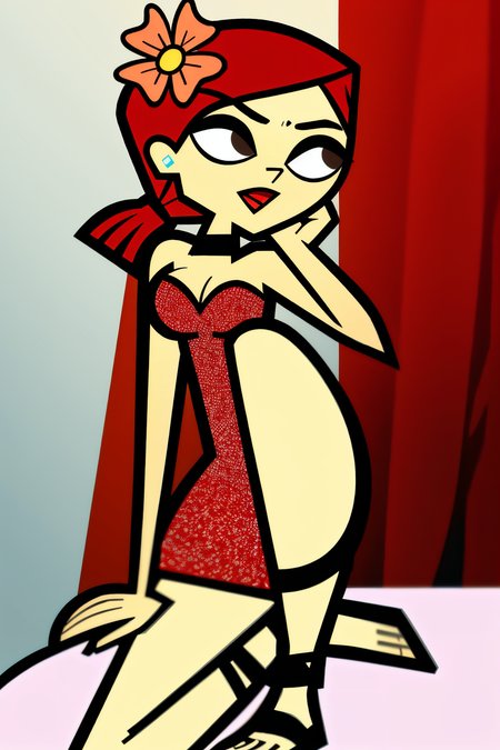 in the Bedroom, (Realistic:1.5) 1girl, solo, open mouth, cleavage, medium breasts, full body, red hair, hair flower, black choker, brown eyes, Printed dress with sandals <lora:EdobZoeyTotalDrama_v1.0:0.8>