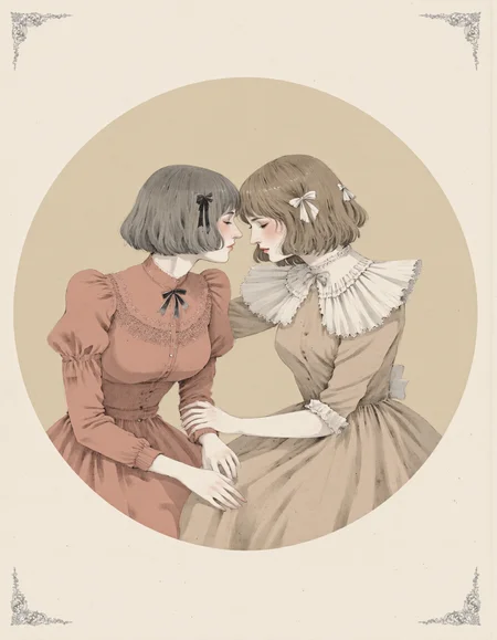 <lora:cioffi:1>, This image is a watercolor painting featuring two young women engaged in a tender moment. The artwork is executed in a delicate, soft pastel palette with a vintage, romantic style. Both women have short, bobbed haircuts, one with a straight, dark bob and the other with a slightly lighter, wavy bob.
The woman on the left is dressed in a red, short-sleeved dress with a high collar and intricate ruffles. She wears a small black bow in her hair and has a gentle, melancholic expression. Her skin tone is light, and her eyes are closed, adding a serene quality to her face.
The woman on the right is dressed in a long-sleeved, light brown dress with a high collar and delicate lace details. She has a slightly more animated expression, looking intently at the other woman. Her skin tone is also light, and she wears a small white bow in her hair.
Both women are seated closely, facing each other, and the background is a soft, circular gradient of beige and light brown tones, enhancing the intimate and nostalgic atmosphere. The painting is framed by a subtle ornate border at the top and bottom, adding a touch of elegance.
