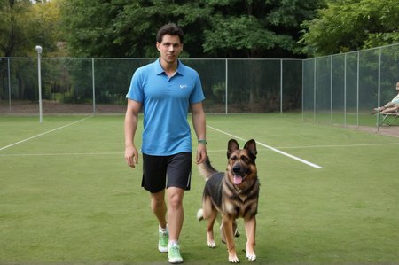Imagine a man, wearing black shorts, blue shirt, green tennis shoes, walking in a park, with a black german sheppard dog. 
