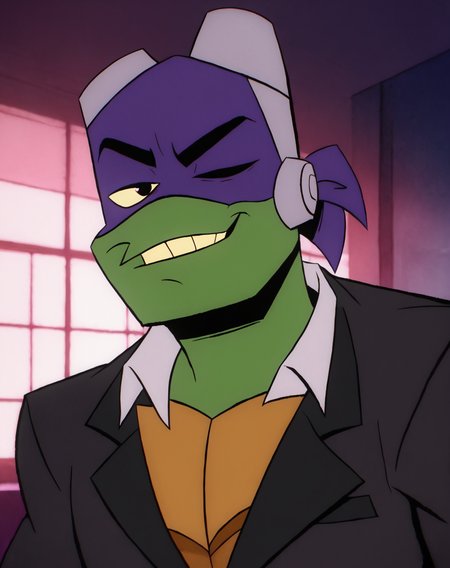 score_9, score_8_up, score_7_up, smooth lines, countershading, soft shading, 2d, extreme detail, 4K, high definition, high resolution,  <lora:rottmnt8:0.8>, 1boy, solo, Donnie, green skin, turtle, mask, goggles, black suit, suggestive, confident, seductive, looking at viewer, upper body, wink, indoors,
