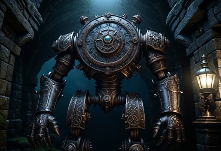 giant bipedal robot steel blue and red stripes and bronze silver paisley robot. lacy robot deep sea diving head. outside of a steampunk keep. large detailed torso. dark image. one forty foot tall ancient robot with great arms and two heavy spring legs. dark foggy night background. $dark foggy night image only. dark photo realistic image. steampunk details. cogs, chains and pipes incorporated in the fantasy buildings. magic wizards tower in background. Dark swamp, moss, castle ruins, wizards tower. stormy dark night. steel nightmare porthole