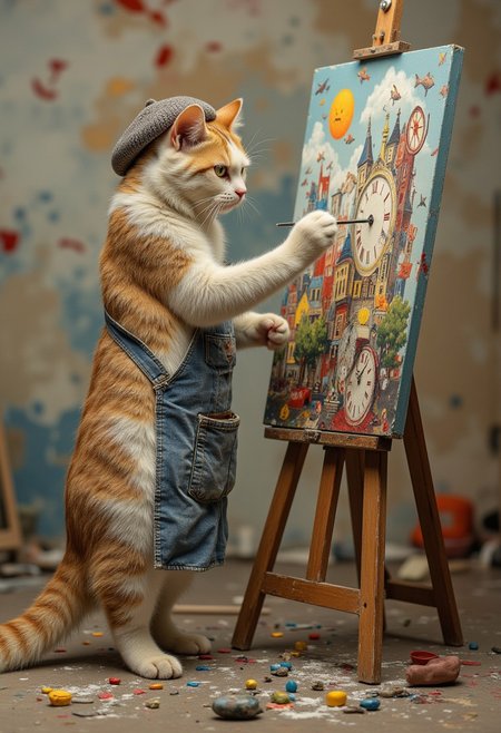 "A notoriously grumpy-looking cat wears a beret and an oversized smock, standing on its hind legs to paint a surreal masterpiece on an enormous canvas. The painting itself is bizarre, featuring melting clocks, floating fish, and a giant mouse-shaped sun. Captured in soft studio lighting with subtle oil-paint texture overlays, the cat’s sour expression contrasts humorously with the vibrant chaos of its artistic creation."