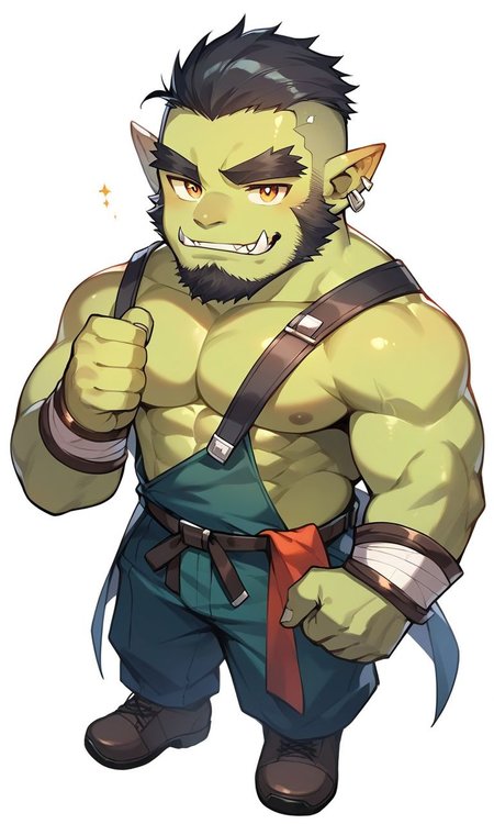 masterpiece, 1boy, solo, sd_male, sd_male, chibi, (orc, fang out,  green skin, fang:1.2), muscular male, bara, thick eyebrows, beard, full body <lora:SDmale_V1b:1.0>, score_9_up, score_8_up, score_7_up, score_6_up, score_5_up, score_4_up,